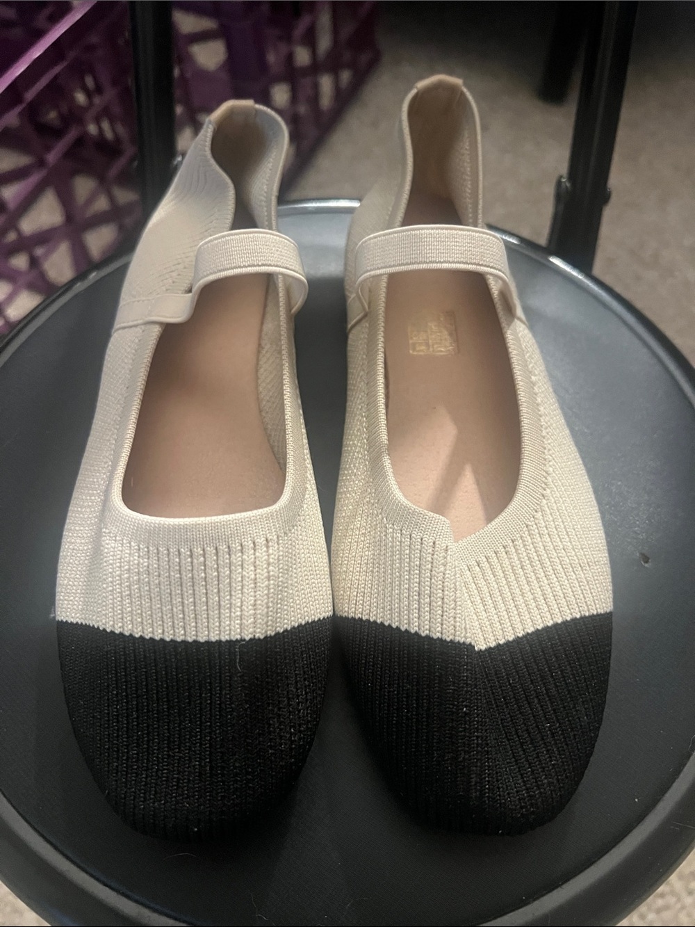 Women's Cream and Black Knit Mary Jane Flats with Strap